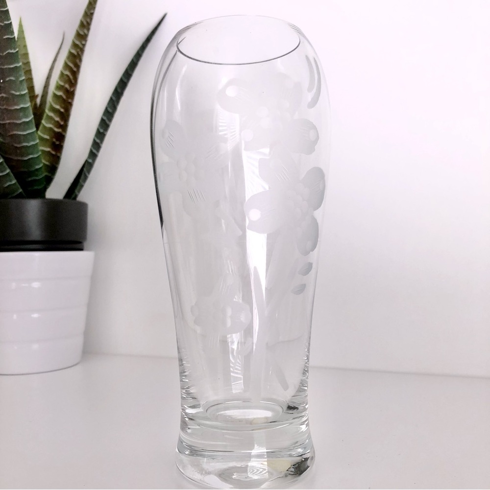 New Schmid Handblown Etched Crystal Glass Vintage Vase Portugal 8 Inch Wedding